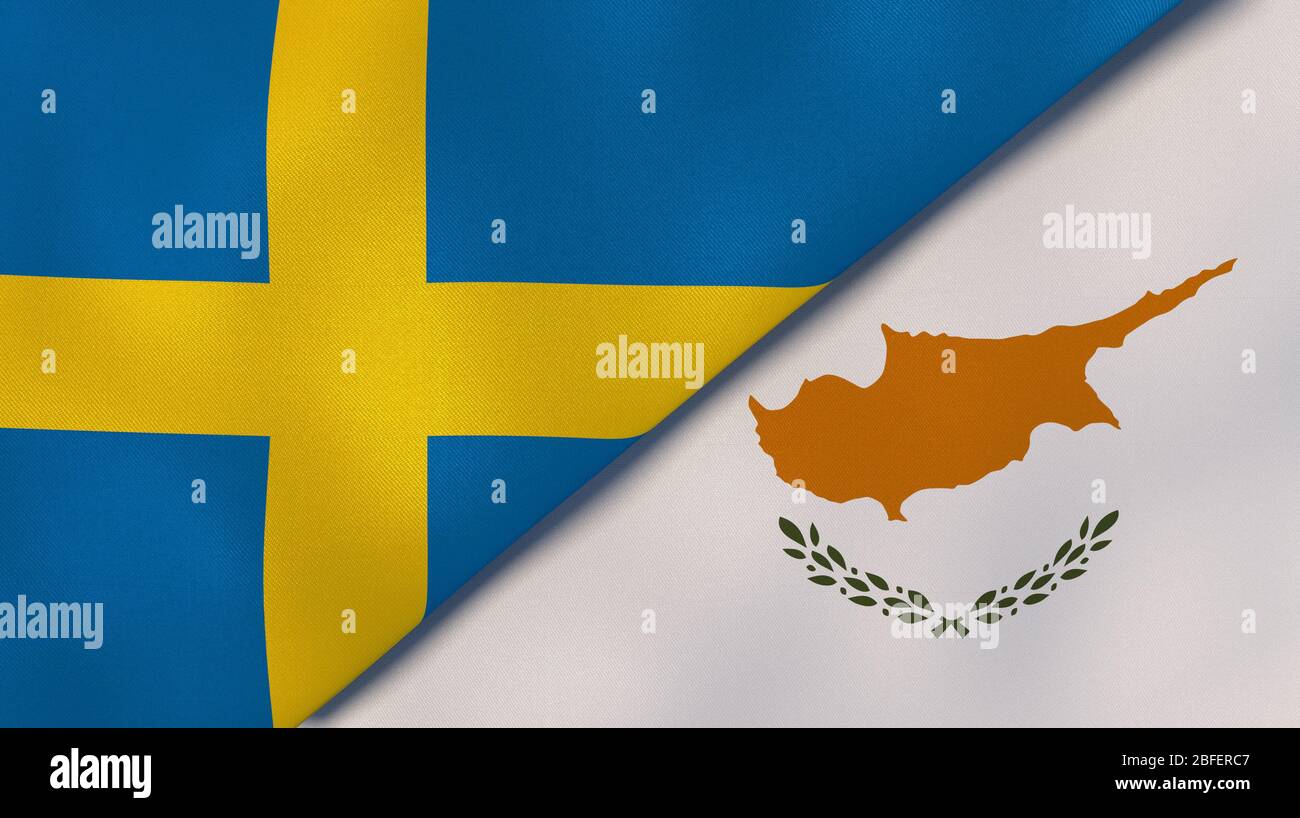Zwei Staaten Flaggen von Schweden und Zypern. Qualitativ hochwertiger Hintergrund. 3d-Darstellung Stockfoto