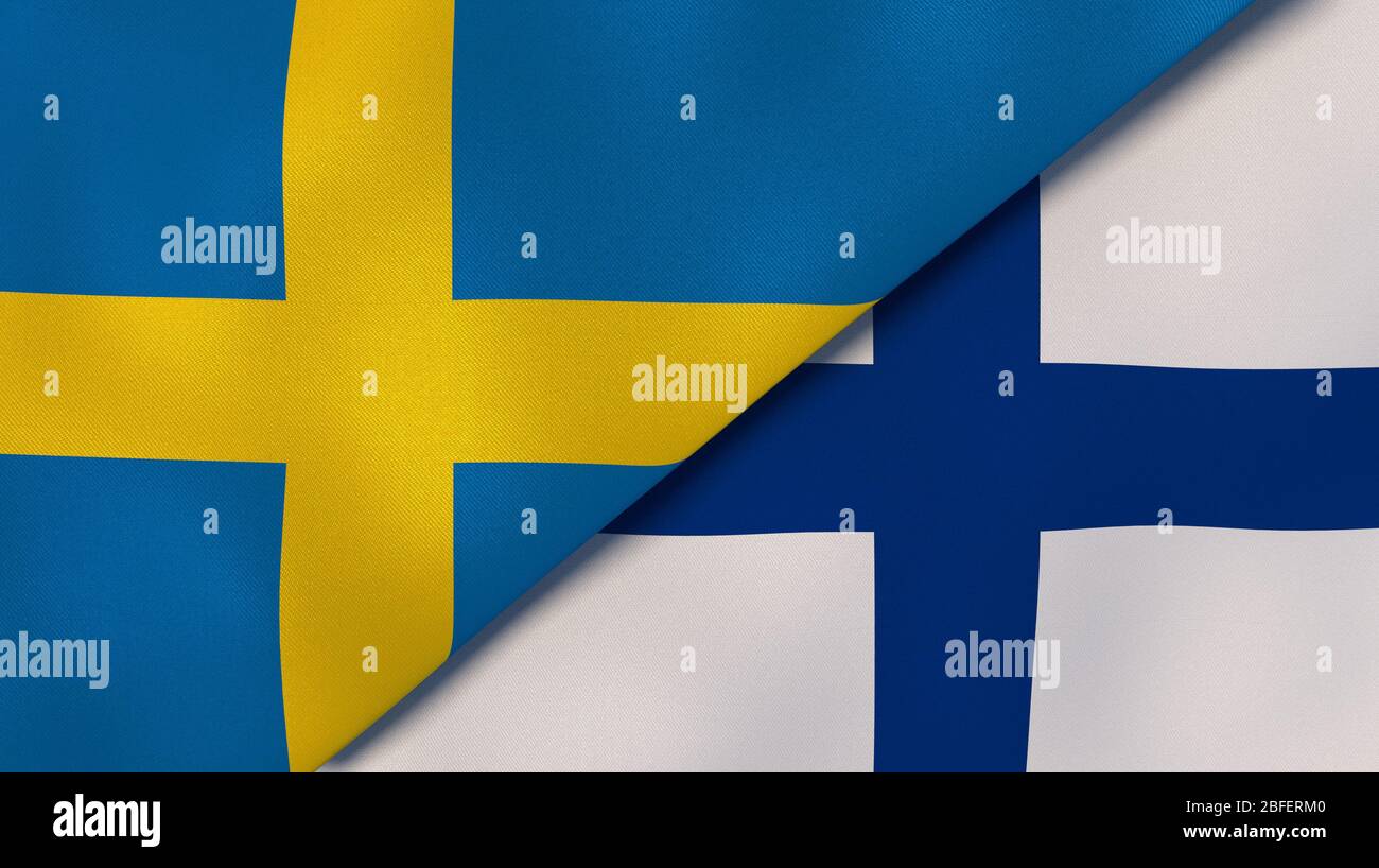 Zwei Staatsflaggen von Schweden und Finnland. Qualitativ hochwertiger Hintergrund. 3d-Darstellung Stockfoto