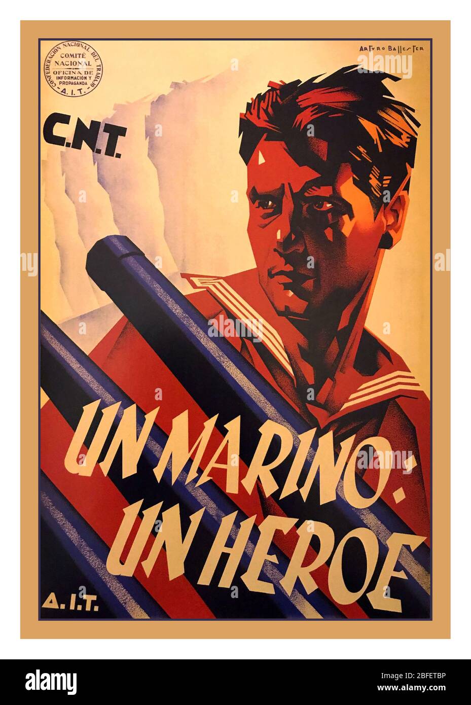 Vintage CNT Propaganda Poster für den spanischen Bürgerkrieg "EIN Seemann ein Held" (C.N.T Bürgerkrieg Plakat 1936) der spanische Bürgerkrieg (Spanisch: Guerra Civil Española) war ein Bürgerkrieg in Spanien von 1936 bis 1939 gekämpft. Die Republikaner, die der linken zweiten spanischen Republik treu sind, kämpften im Bündnis mit Anarchisten, der kommunistischen und syndikalistischen Sorte, gegen eine Revolte der Nationalisten, einer Allianz von Falangisten, Monarchisten, Konservativen und Katholiken, angeführt von einer militärischen Gruppe, unter der General Francisco Franco bald eine übergroße Rolle erlangte. .Confederación Nacional del Trabajo CNT Stockfoto