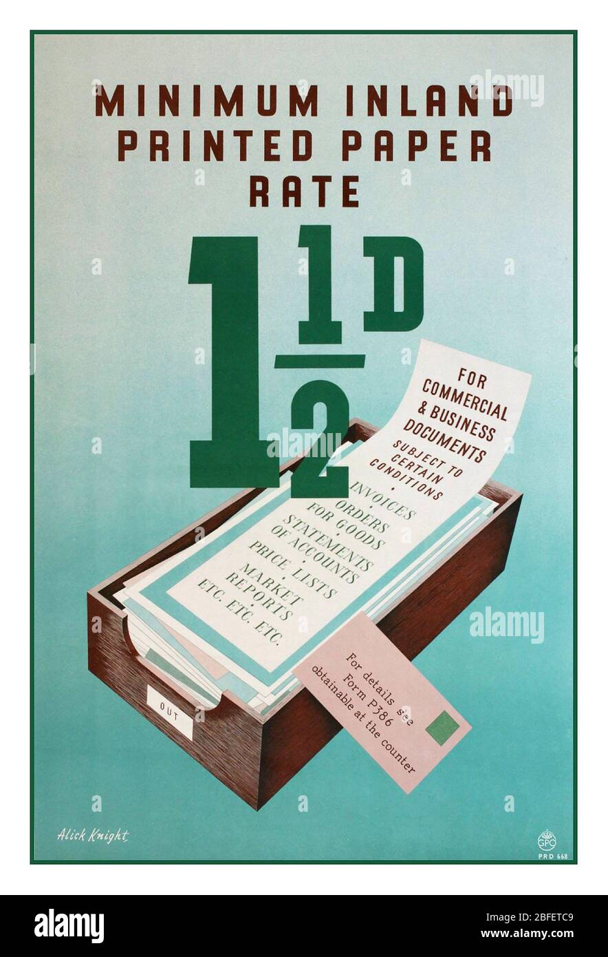 POSTGEBÜHREN UK Vintage Archive GPO Information Poster 1950s Post Postpost Postpost Inlandpapier Rate 1 1/2 d für kommerzielle und geschäftliche Dokumente Stockfoto