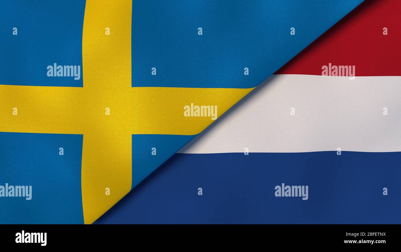 Zwei Staatsflaggen von Schweden und den Niederlanden. Qualitativ hochwertiger Hintergrund. 3d-Darstellung Stockfoto