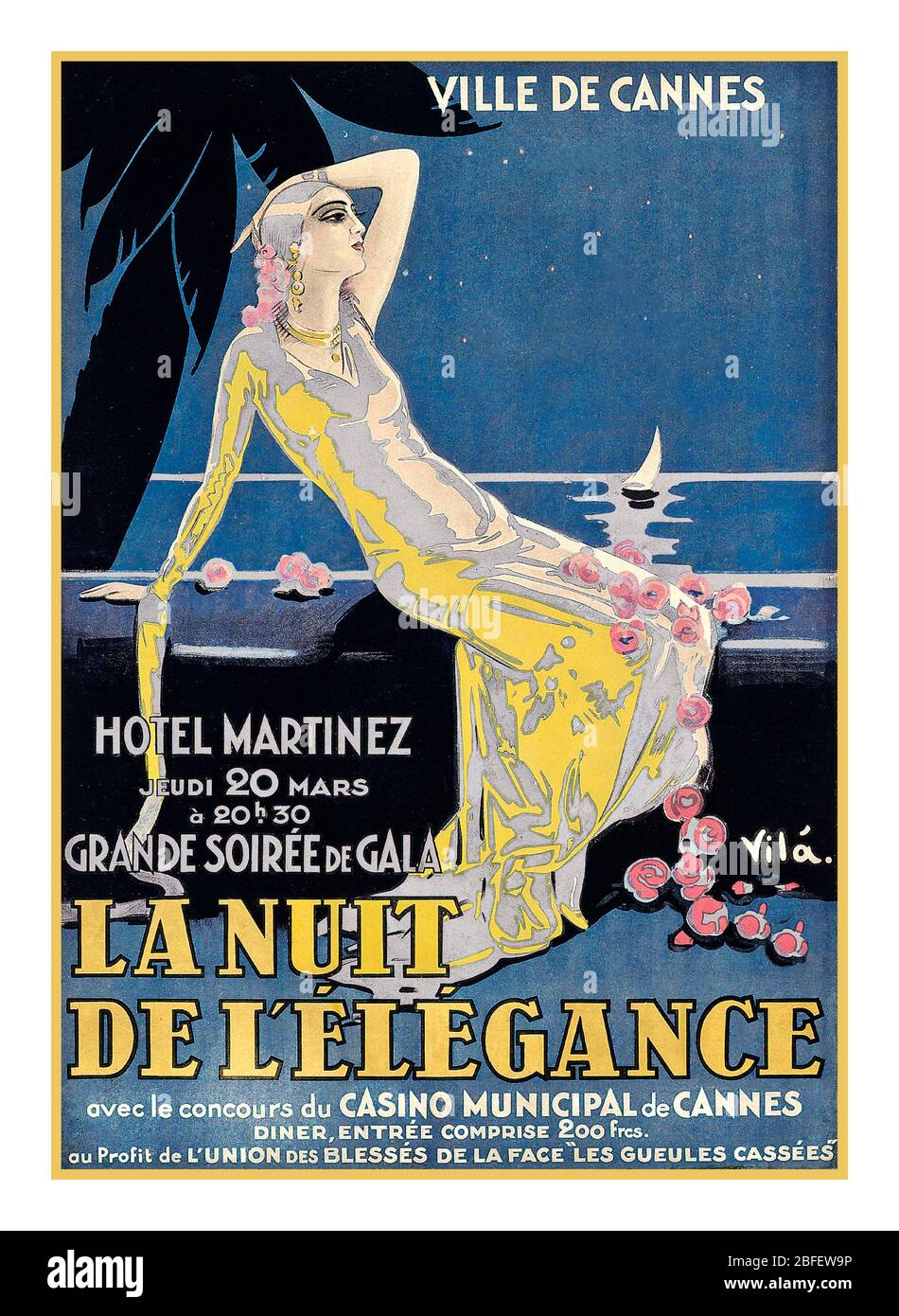 VILA Vintage Tanz Art Deco Poster LA NUIT DE L'ÉLÉGANCE, CANNES von Emilio Vila i Gorgoll Lithographie in Farbe, 1928, gedruckt von J.Robillon, Paris, Emili Vilà i Gorgoll (1887-1967) -ville de Cannes. La Nuit de l'Élégance, 1928. Imp. J. Robillon, Paris Dieses Plakat für Paris und Nizza wurde gemacht, um einen Tanz zu fördern, um Geld für die Verletzten im Ersten Weltkrieg zu sammeln. [Emilio Vilà] Stockfoto