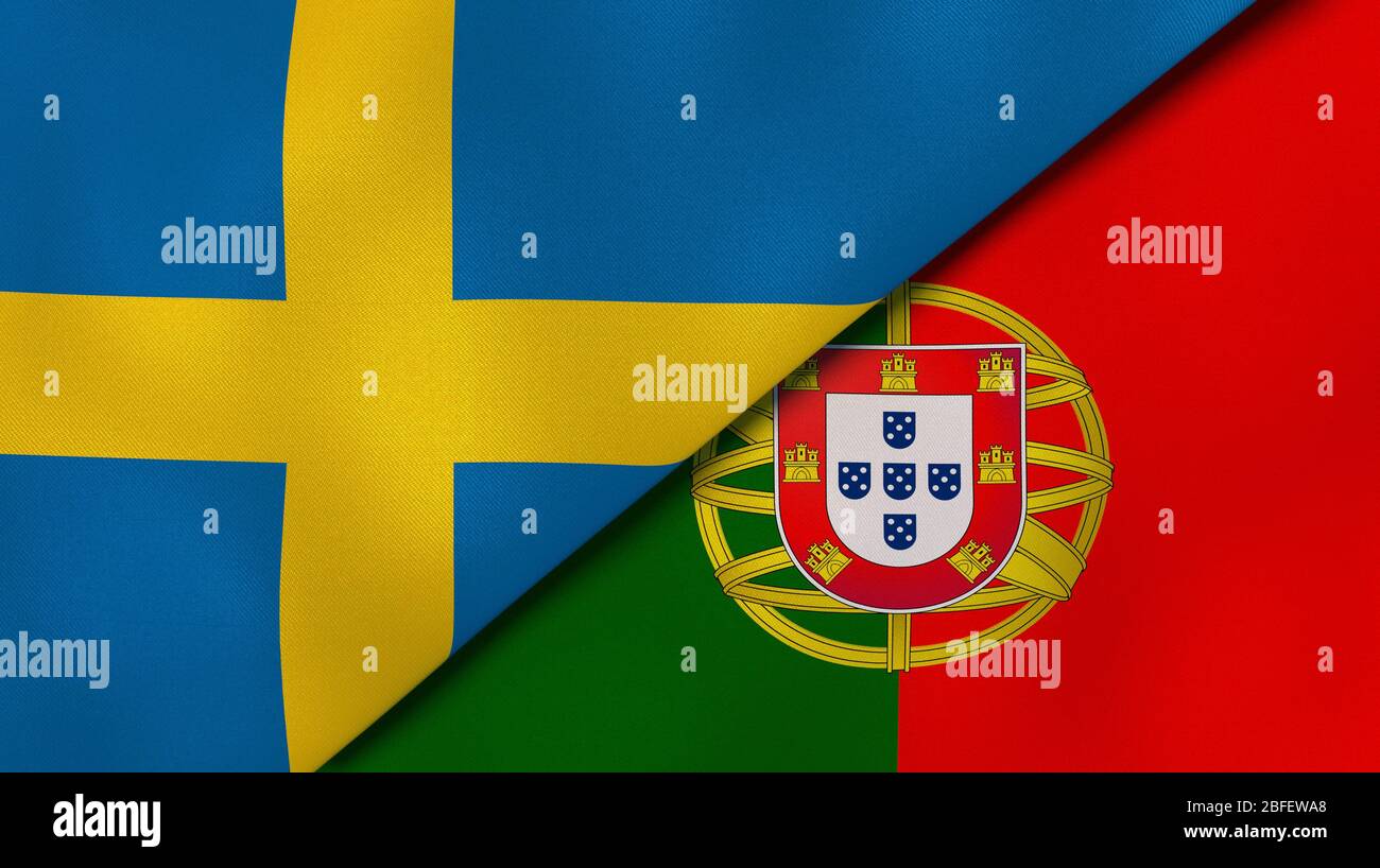 Zwei Staatsflaggen von Schweden und Portugal. Qualitativ hochwertiger Hintergrund. 3d-Darstellung Stockfoto