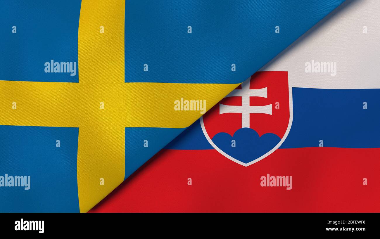 Zwei Staatsflaggen von Schweden und der Slowakei. Qualitativ hochwertiger Hintergrund. 3d-Darstellung Stockfoto