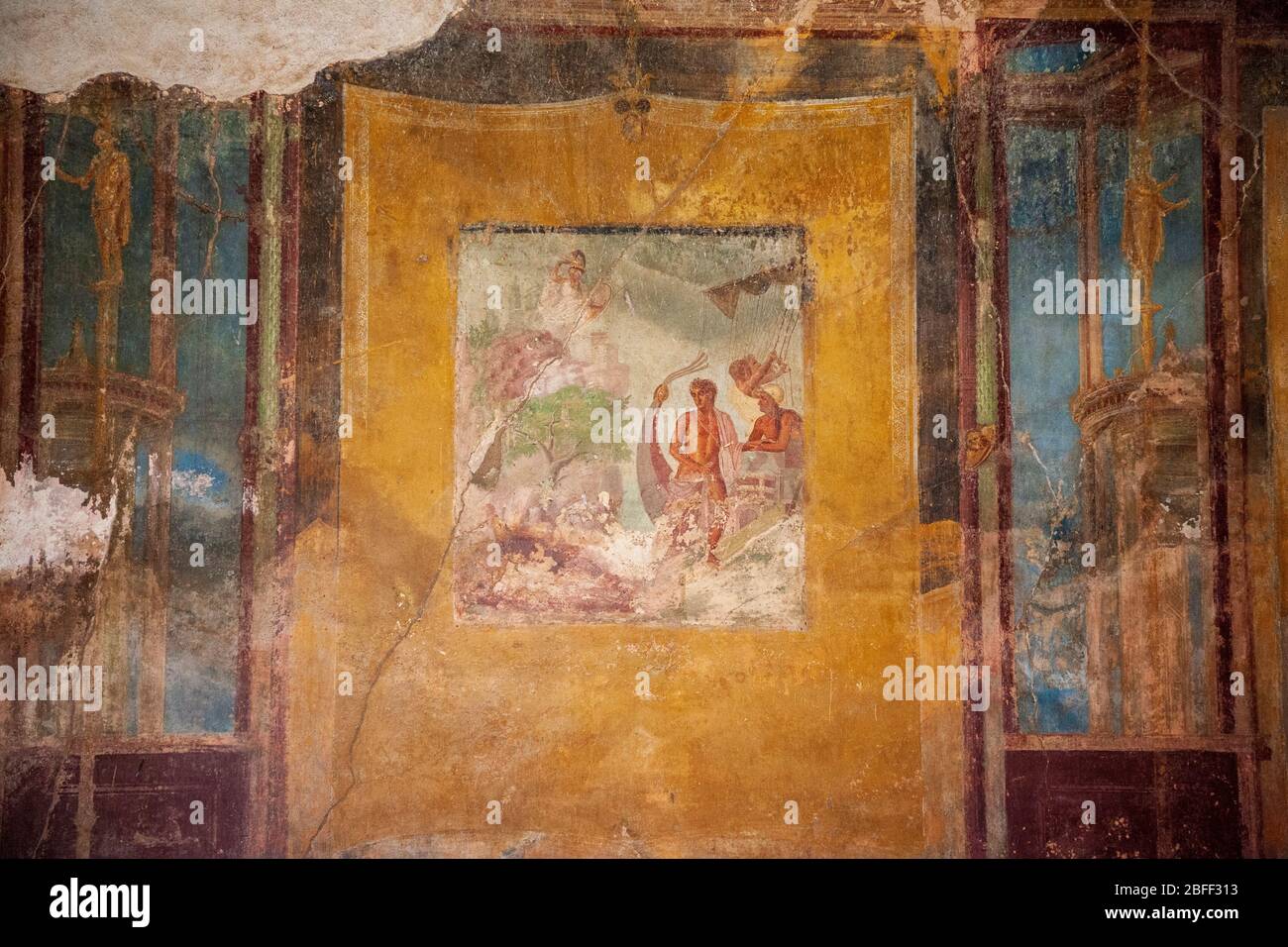 Detail eines Wandfreskos mit Theseus und Ariadne im Speisesaal des Hauses des tragischen Dichters Pompeji, Italien Stockfoto