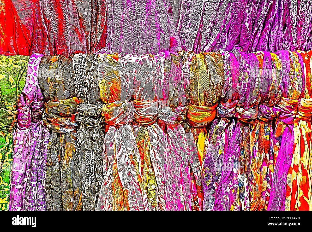 PHOTOSHOP MANIPULATION von Seidenschals aus Thailand zum Verkauf im Beads of Paradise Geschäft in Lower Manhattan, New York City Stockfoto