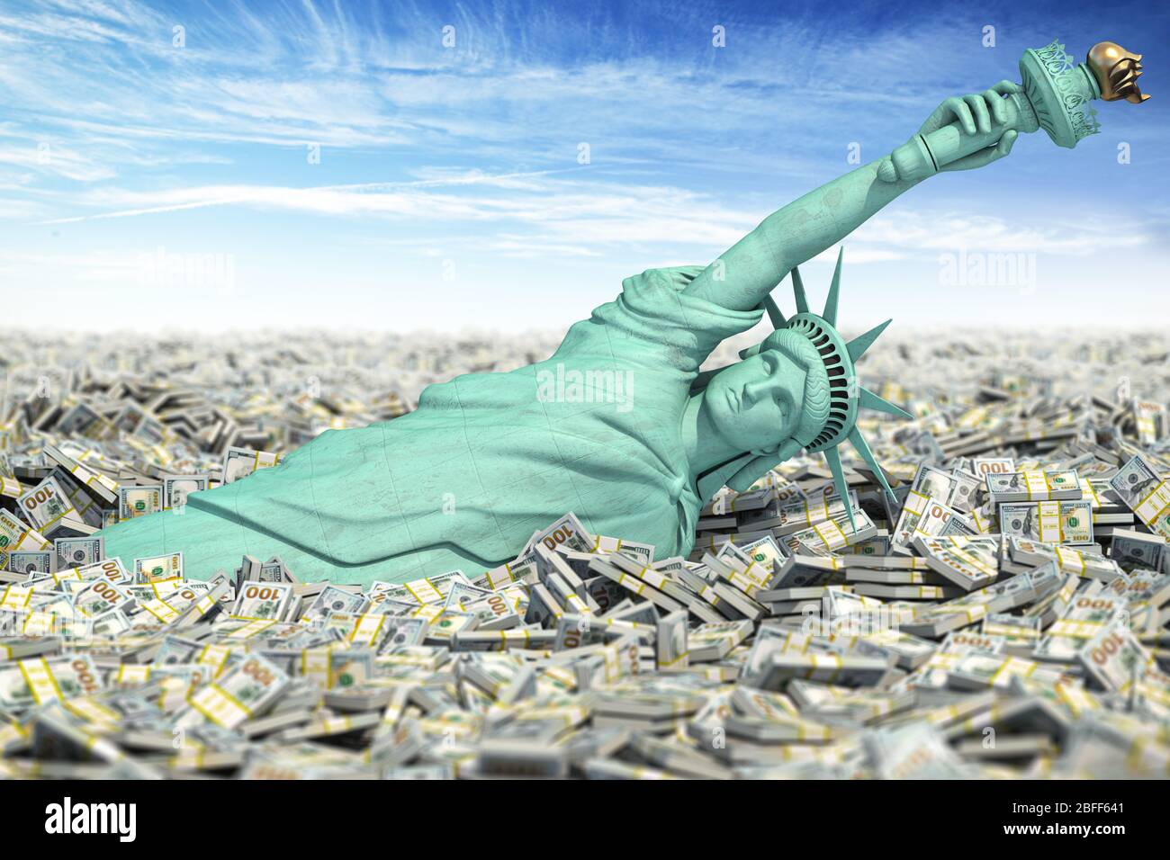 Krise und Inflation in den USA, keine Begrenzung für Fed-Geldspritzen. Statue von Libety fällt auf Haufen Dollar-Packs. 3d-Darstellung Stockfoto