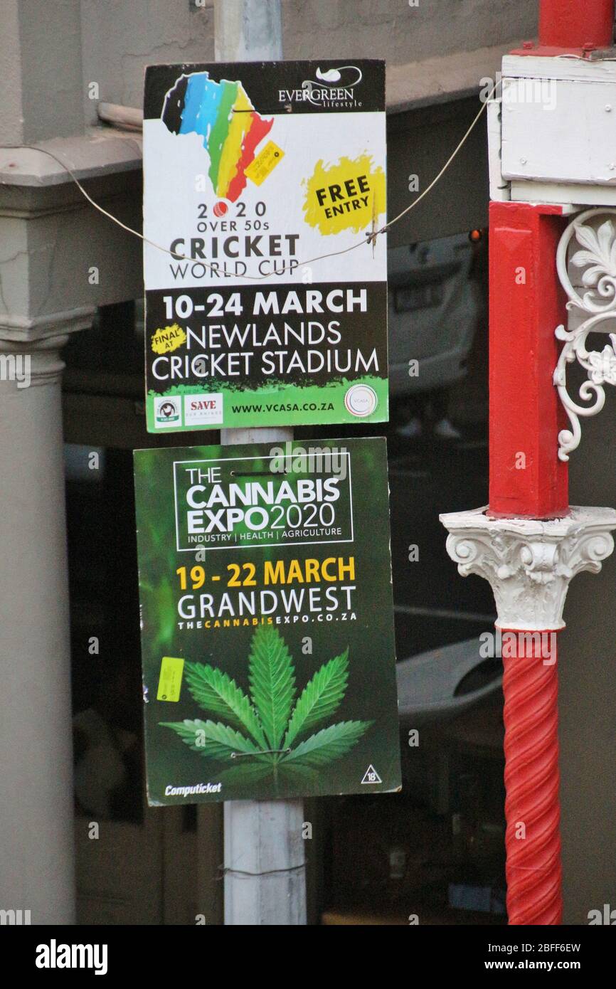 Kapstadt, Südafrika, Afrika - 12. März 2020: Zwei Poster auf der Long Street kündigen die Veranstaltungen Cannabis Expo und Cricket World Cup im März 2020 an. Stockfoto