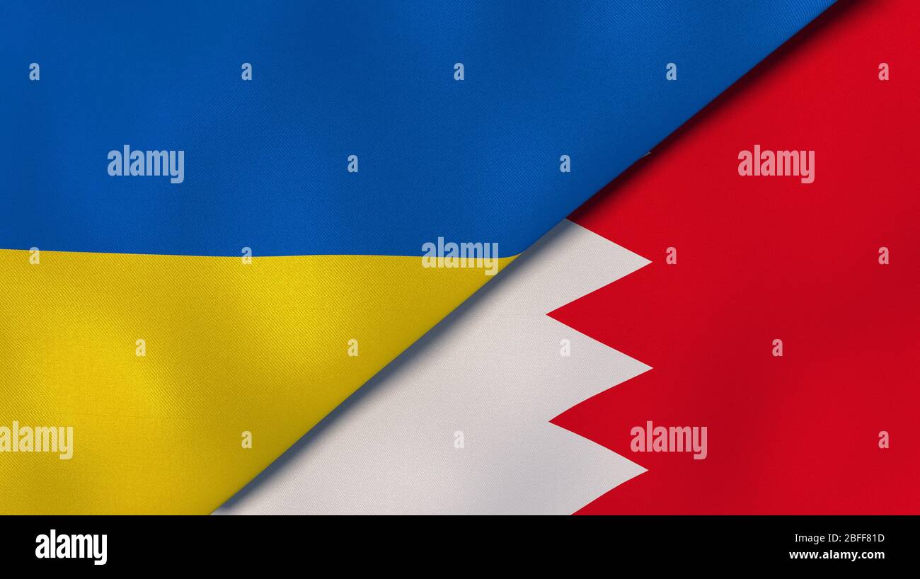 Zwei Staatsflaggen der Ukraine und Bahrain. Qualitativ hochwertiger Hintergrund. 3d-Darstellung Stockfoto