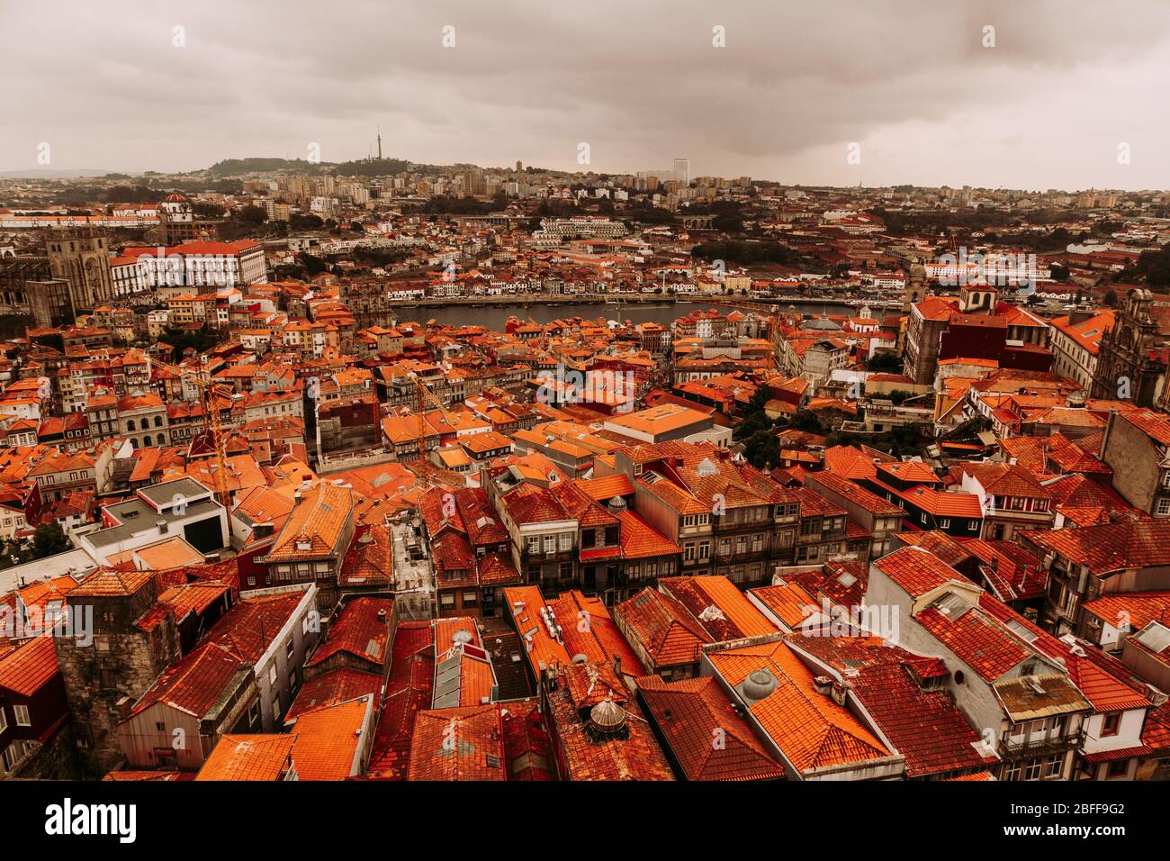 Schöne alte historische Gebäude von Porto Stadt, vom Clerigos Turm, Teil der Kirche der Geistlichen, Portugal gesehen Stockfoto