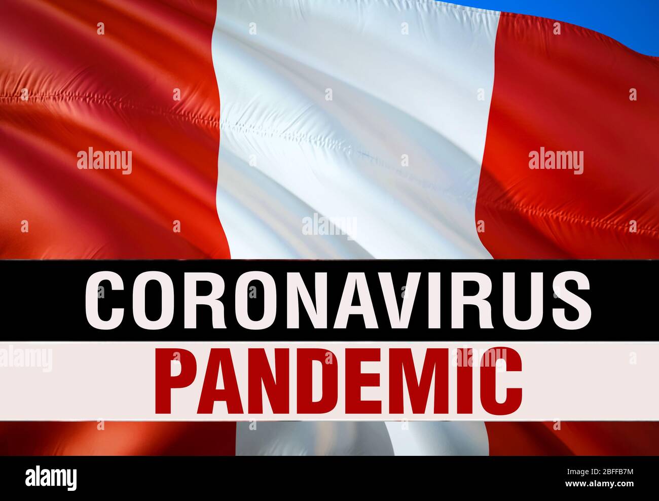 PANDEMIE des Coronavirus COVID-2019 auf Hintergrund der peruanischen Landesflagge. 3D-Rendering von Coronavirus-Bakterien. Peru Flagge Illustration im PANDEMIE Stil, da Stockfoto