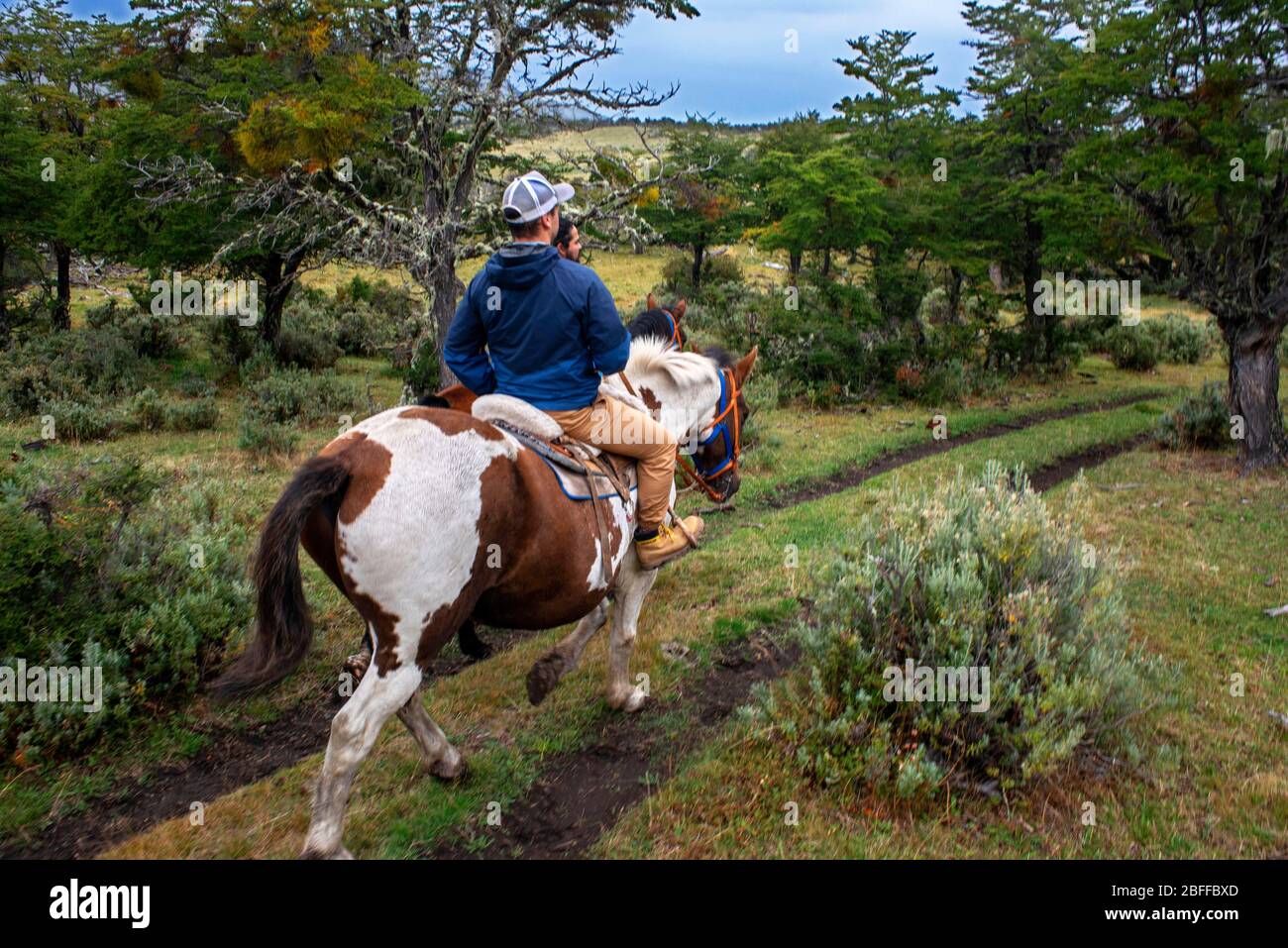 Gauchos und Touristik auf dem Pferderüss im Torres del Paine Nationalpark Puerto Natales, Ultima Esperanza Provinz, Patagonien, Chile. Stockfoto