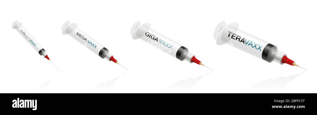 Anti-Vaxxer-Spritzen, verschiedene Größen für einfache Impfung und umfangreiche globale Coronavirus-Immunisierung - Abbildung auf weißem Hintergrund. Stockfoto