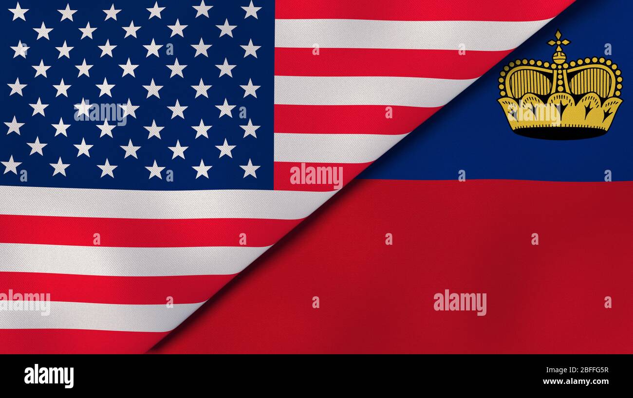 Zwei Staaten Flaggen der Vereinigten Staaten und Liechtenstein. Qualitativ hochwertiger Hintergrund. 3d-Darstellung Stockfoto