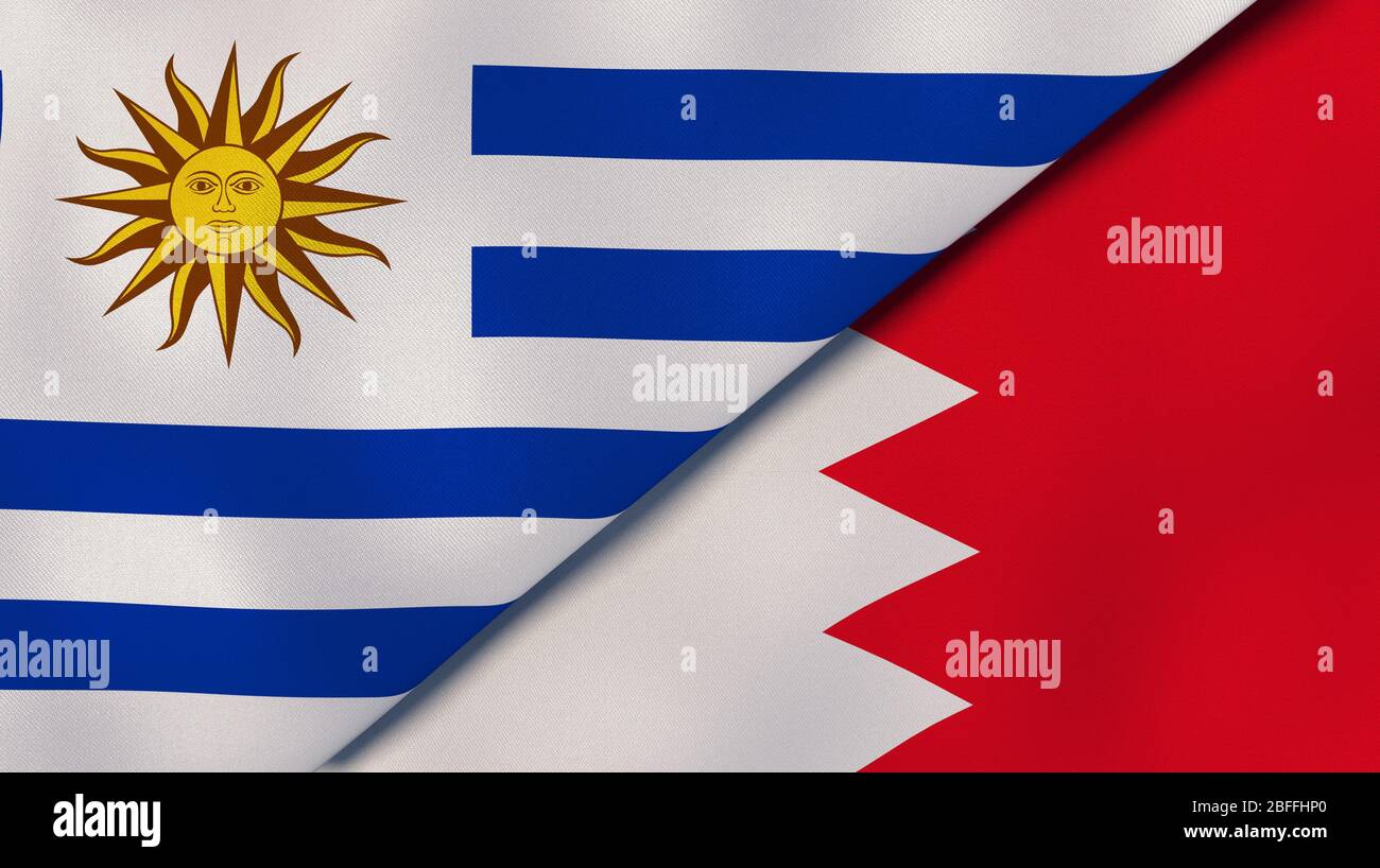 Zwei Staatsflaggen von Uruguay und Bahrain. Qualitativ hochwertiger Hintergrund. 3d-Darstellung Stockfoto