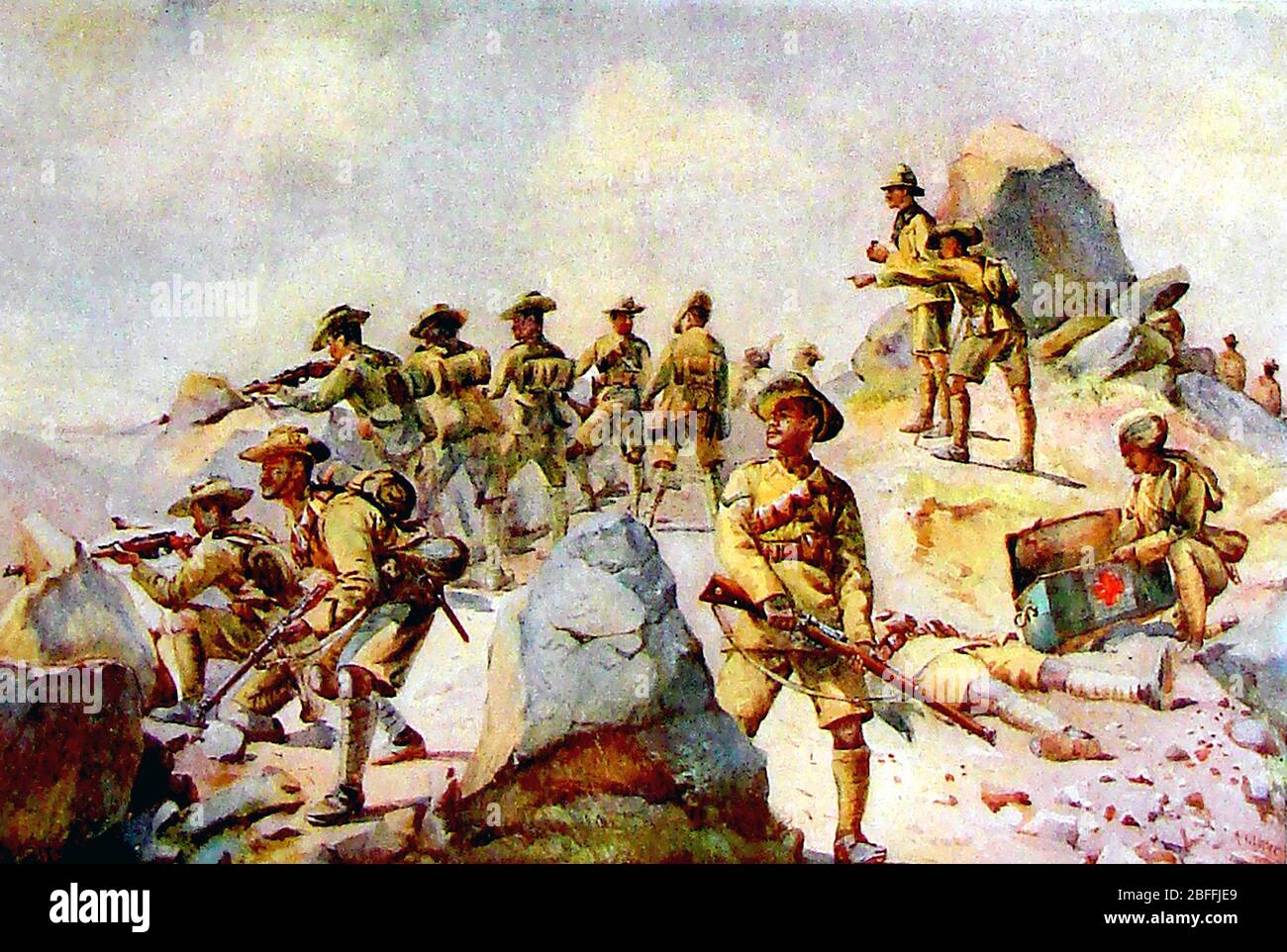 Rückgarde der 4. Gurkha (aka Gorkhas, Gorkhali & FGR) Gewehre in Aktion c1913 mit einem Sanitäter hinter abgebildet. Das Regiment wurde 1857 als Teil der britischen indischen Armee aufgezogen und nach Indiens Unabhängigkeit wurden sie als vierte Gorkha-Gewehre Teil der indischen Armee Stockfoto