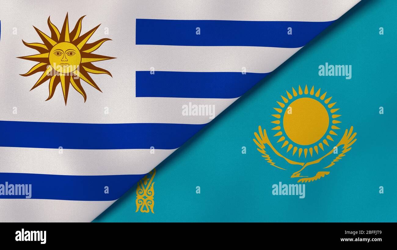 Zwei Staatsflaggen von Uruguay und Kasachstan. Qualitativ hochwertiger Hintergrund. 3d-Darstellung Stockfoto