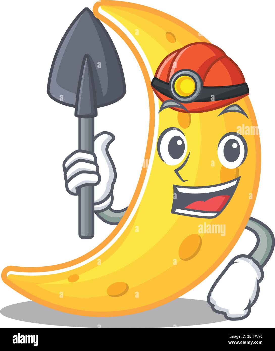 Crescent moon Miner Cartoon Design Konzept mit Werkzeug und Helm Stock Vektor
