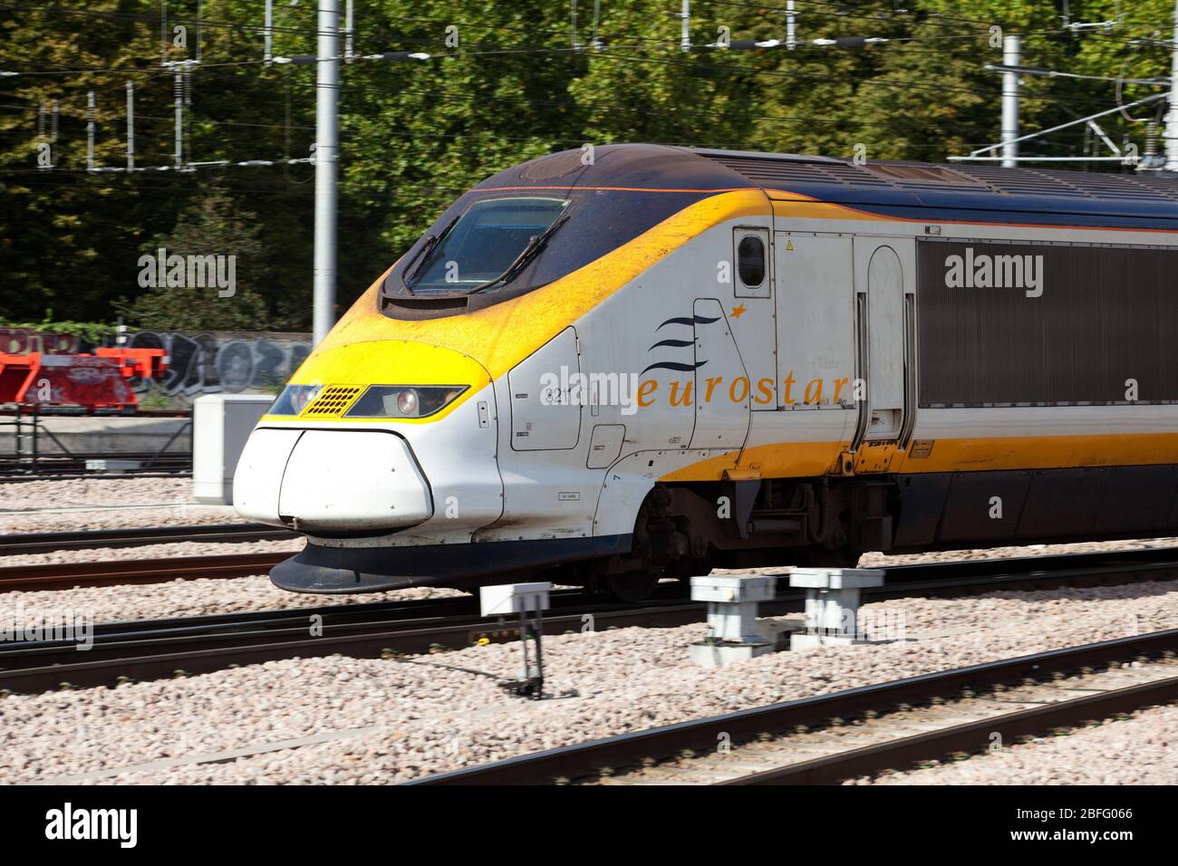 Ein Eurostar-Zug am Bahnhof Kings Cross Internatinal. Stockfoto