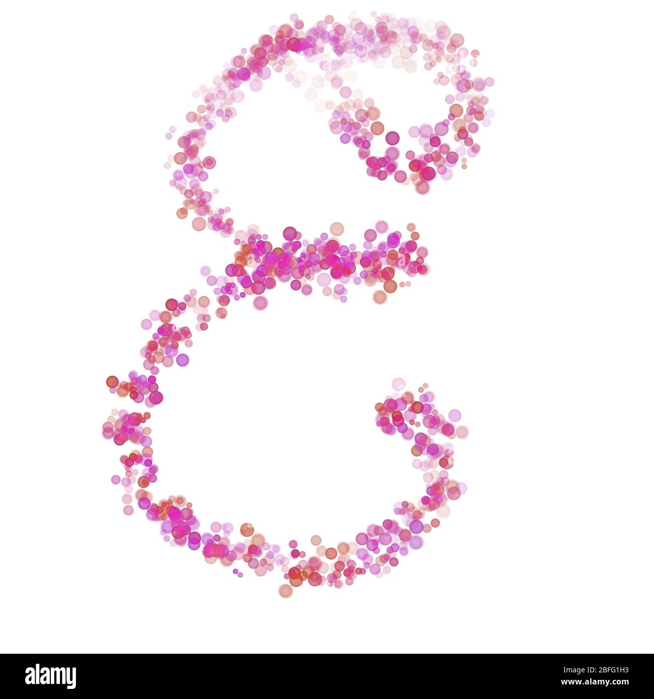 Buchstabe E lateinisches Alphabet. Rosa Punktkreise, rosa Flieder. Schriftzug Blasen Kreise, Hand Zeichnung Buchstaben Großbuchstaben Schrift. Schöner stilisierter Typ Stockfoto