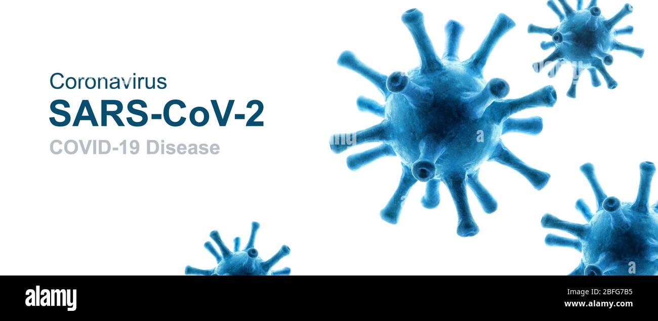 COVID-19 Coronavirus Hintergrund, 3d-Abbildung, Erreger Keime auf weißem Hintergrund isoliert. Neuartiger globaler Ausbruch des SARS-CoV-2 Corona-Virus. Panorama Stockfoto