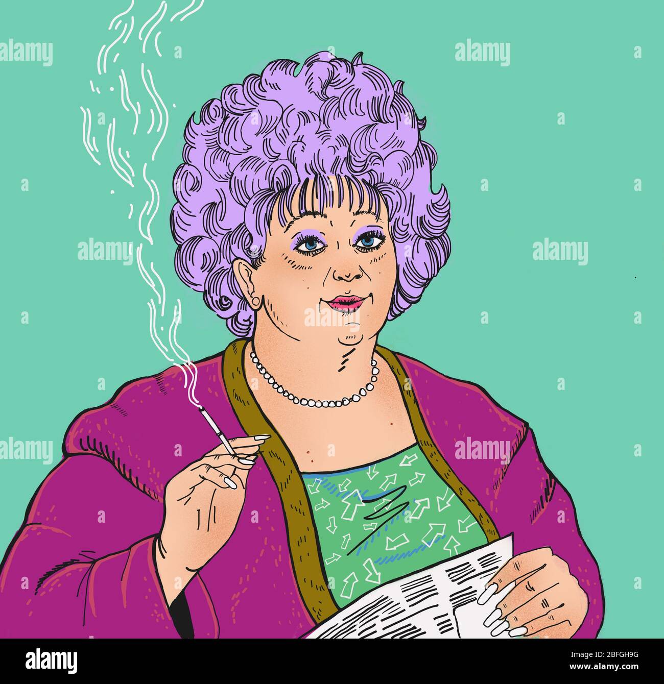 Cartoon-Stil Porträt einer Hausfrau mit violetten Haaren Rauchen eine Zigarette Stockfoto