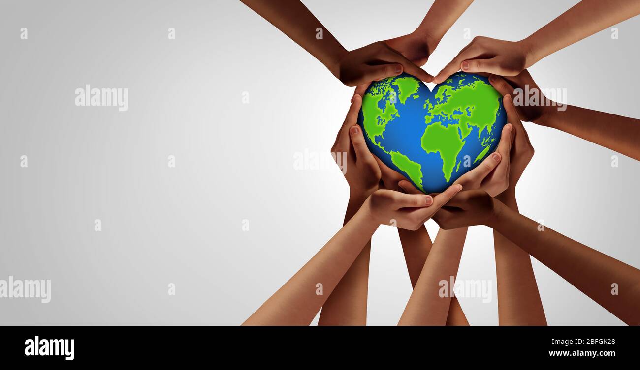 Rettet die Einheit des Planeten und die Feier des Erdtages und die Welt, die als unterschiedliche Menschen als internationales Team und globale Teamarbeit zusammenarbeiten. Stockfoto