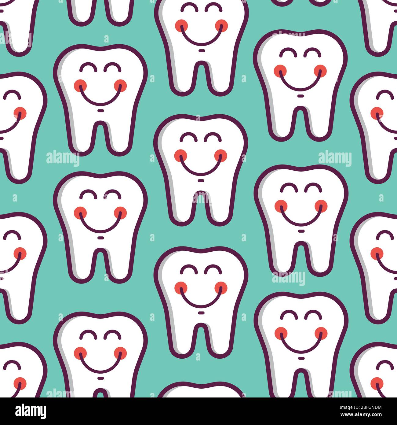 Vektor dental nahtloses Muster niedlich Smiley weißen Zähnen auf dem hellblauen Hintergrund Stock Vektor