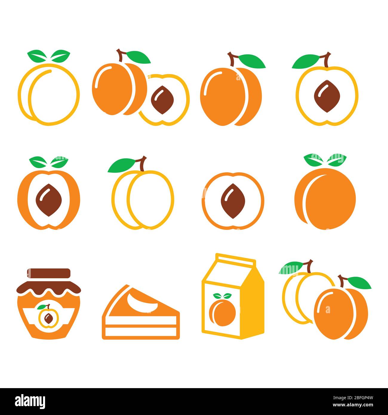 Pfirsich, Aprikose, Früchte Ikonen Set - Food Market Design Vector color Food Icon Kollektion - Pfirsich, Aprikose Design isoliert auf weiß Stock Vektor