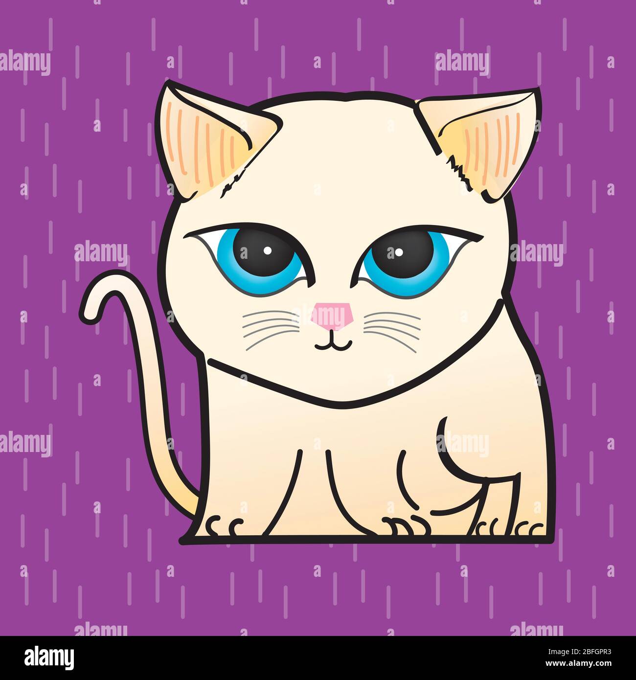 CAT Illustration Clipart. Eine helle Katze hat runde blaue Augen. Es ist auf einem violetten Hintergrund. Hand zeichnen Kunst Stock Vektor