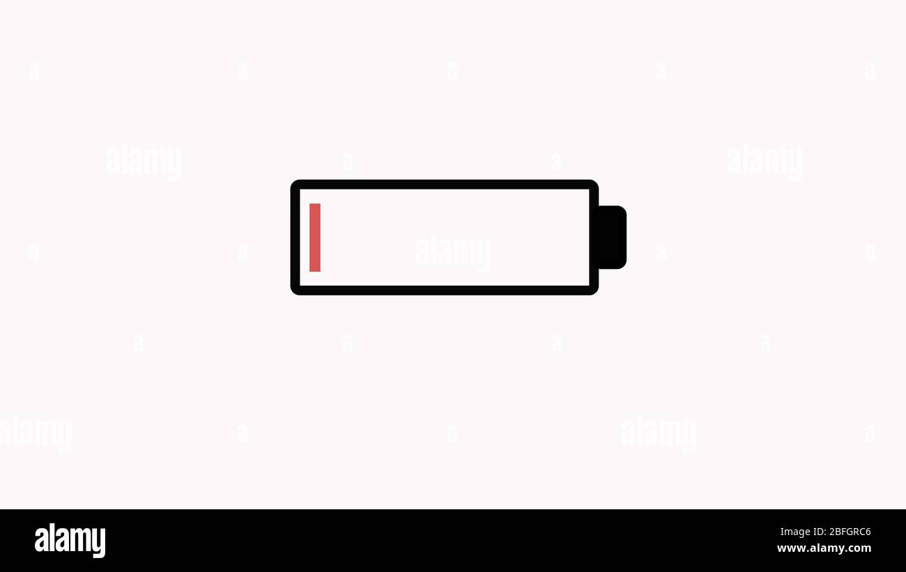 Batterie muss aufgeladen werden Entleerte Energie aus Batteriezelle. Abbildung der roten Batterieverkleidung. Stockfoto
