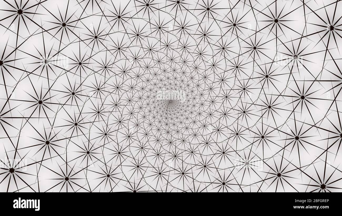 Schwarze Kaktus Spike Muster Spirale. Kreatives dekoratives Tapetenmuster. Nahtlose Illustration des Sternenhimmels. Stockfoto
