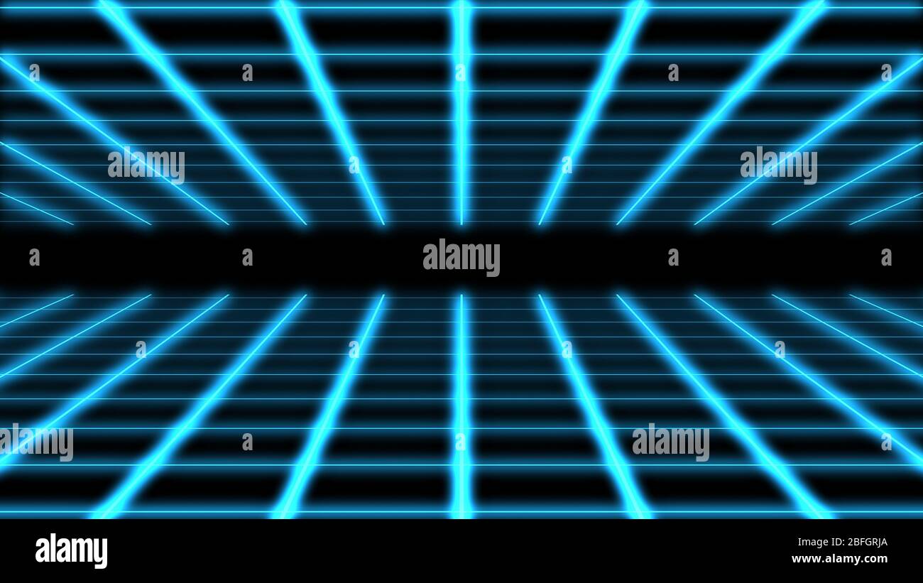 80er Jahre Retro Neon Hintergrund unendliche Raster Muster. 1980 Videospiel Hintergrund mit bewegten geometrischen Muster fliegen durch den Raum. Leuchtende Linienanimation i Stockfoto