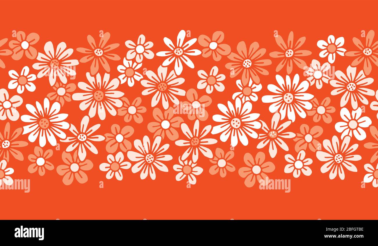 Monochrom Orange Hand Gezeichnet Filz Spitze Stift Gänseblümchen Blumenvektor Nahtloses Muster Rand Stock Vektor