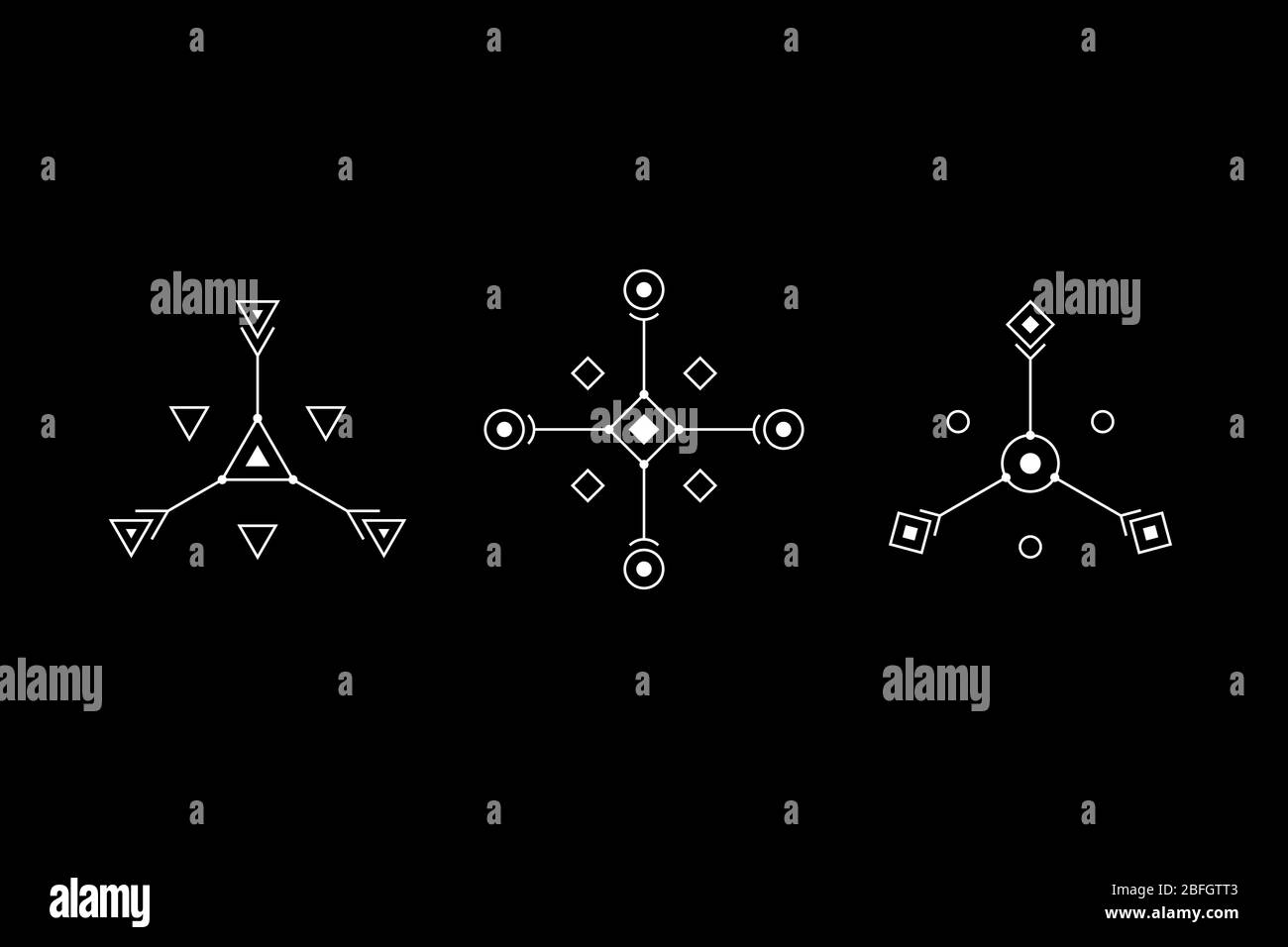 UFO oder spirituelle Geometrie weißes Symbol gesetzt. Kreis, Quadrat, Rauten Figuren. Design-Symbole für Puzzle, Logik, metroidvania Spiele. Vektorgrafik. Stock Vektor