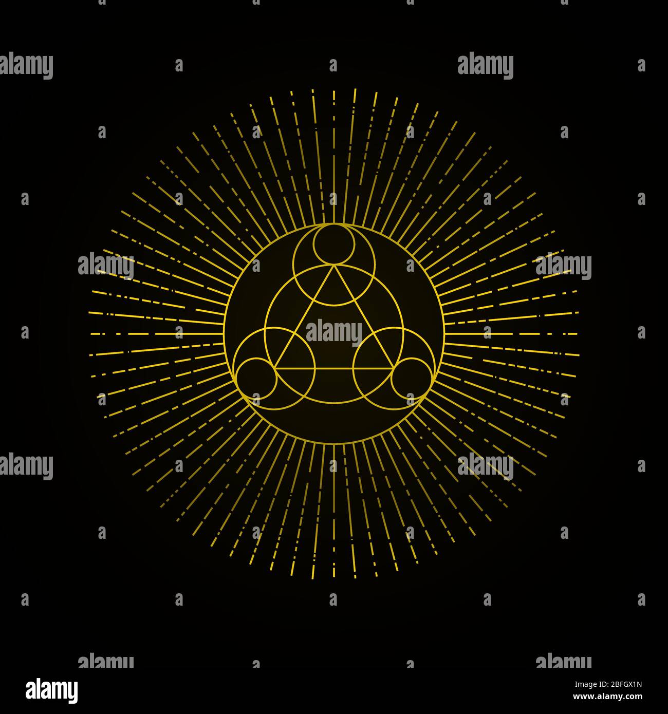 Alchemie Gold Geometrie Zeichen auf schwarzem Hintergrund. Heilige Geometrie. Vektorgrafik. Stock Vektor