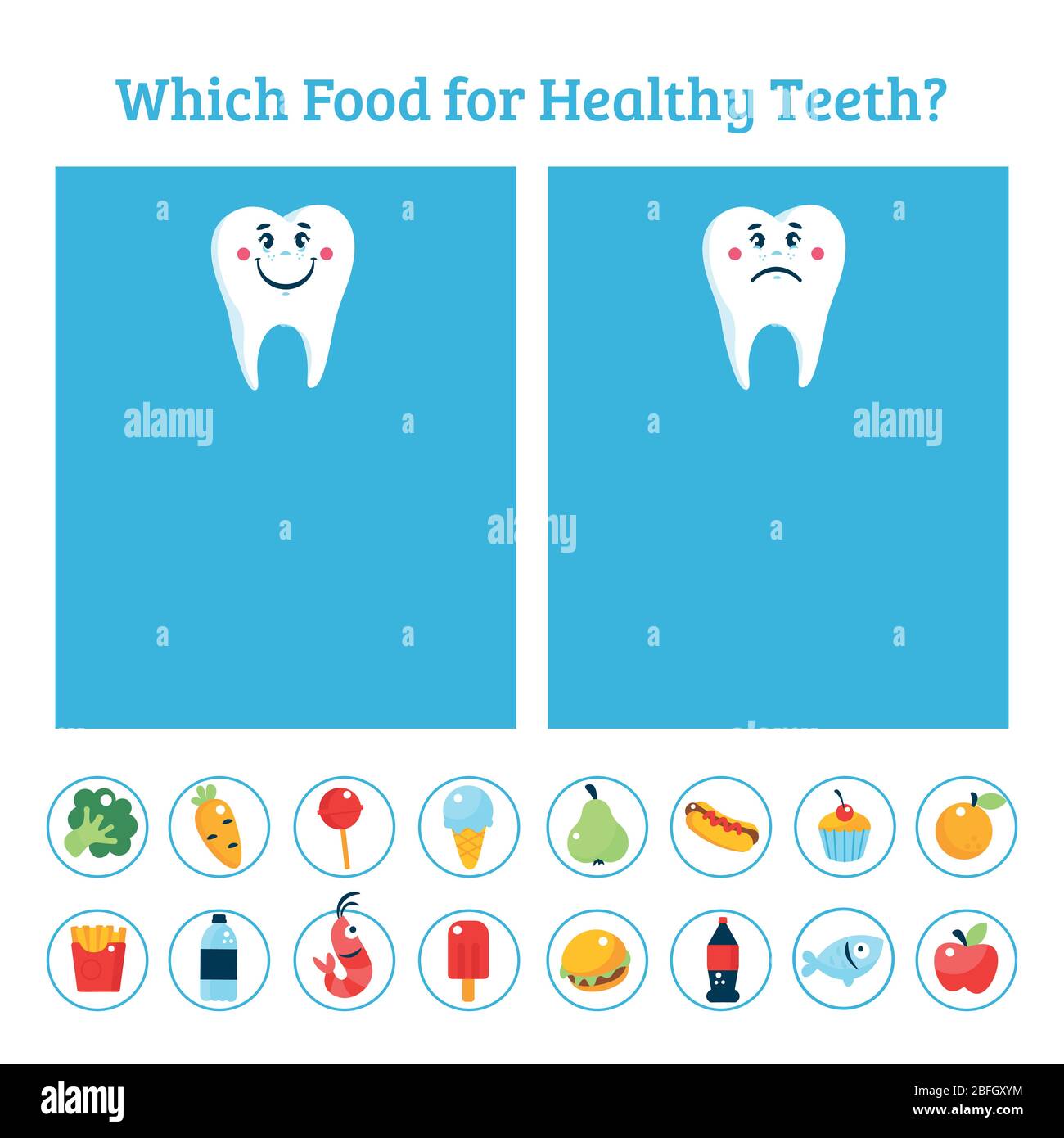 Zahnerziehung Spiel für Kinder. Wählen Sie, was für gesunde Zähne. Stock Vektor