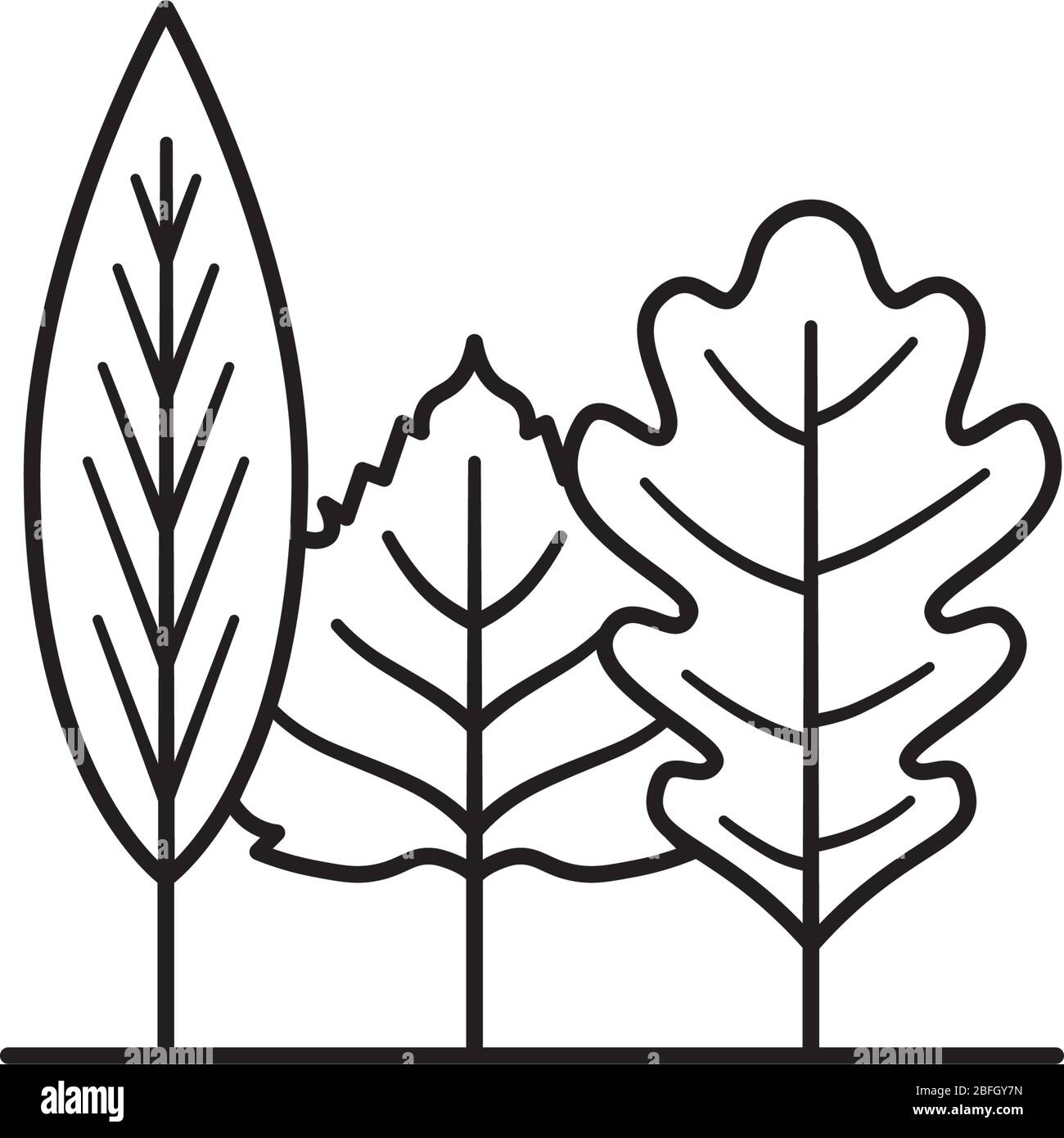 Verschiedene Blätter, die wie ein kleines Waldsymbol für isolierte Vektorlinien aussehen. Umwelt und Natur umreiß Symbol Stock Vektor