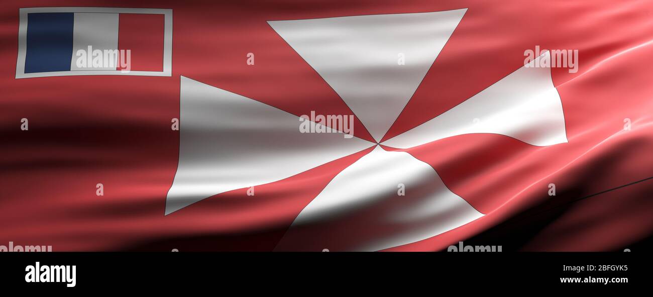 Wallis und Futuna Zeichen Symbol, Nationalflagge winken Textur Hintergrund, Sprache, Kultur Konzept, Banner. 3d-Darstellung Stockfoto