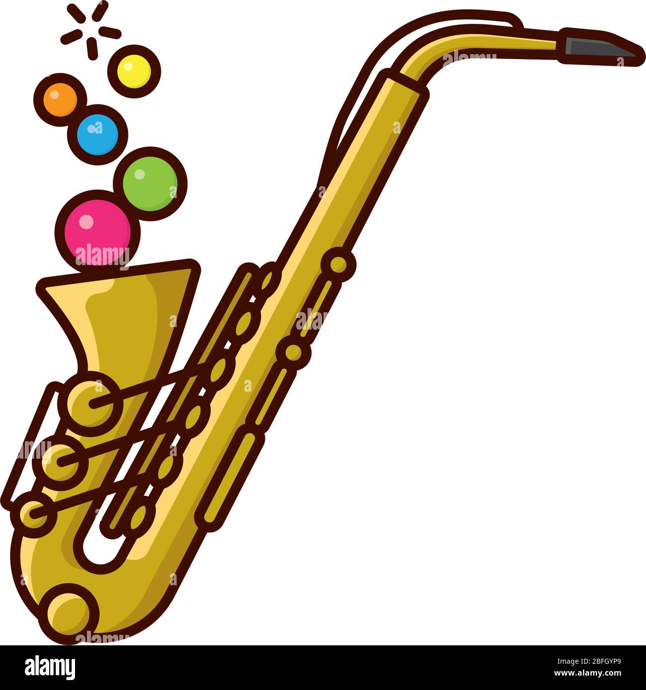 Saxophon bläst bunte Blasen isolierte Vektorgrafik für den Internationalen Jazztag am 30. April. Symbol für zeitgenössische Musik. Stock Vektor