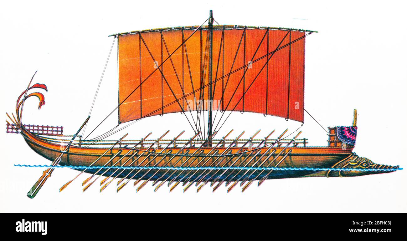 Altgriechisches Bireme, segelnd Kriegsschiff Stockfoto
