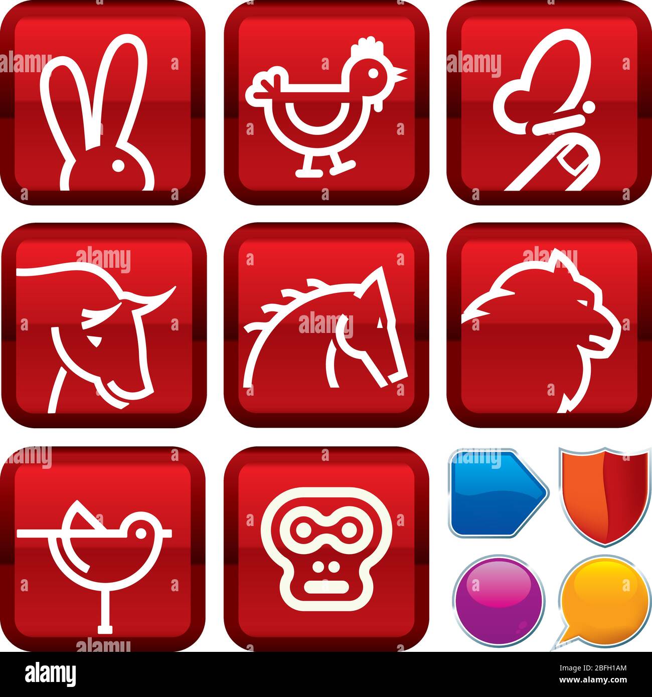 Vector Illustration. Satz von Tier Icons auf quadratische Tasten. Geometrischen Stil. Stock Vektor