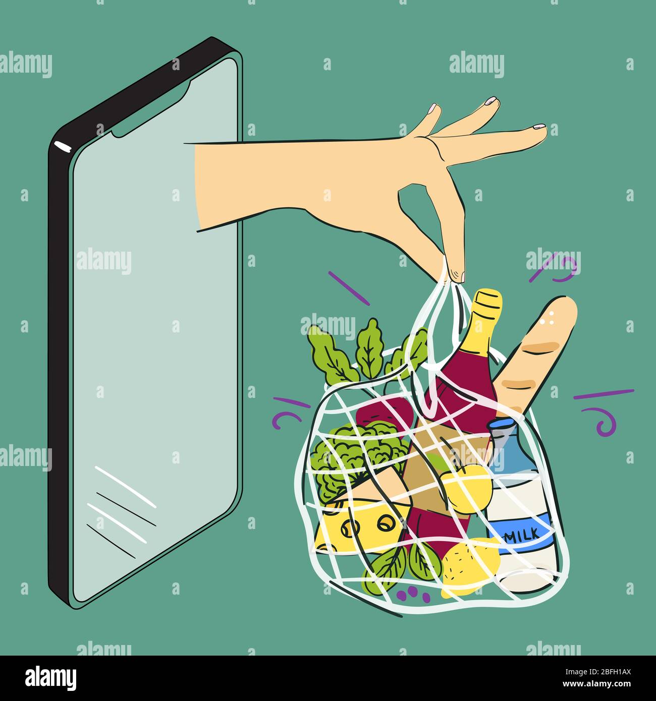 Lebensmittelgeschäft oder Supermarkt Lieferkonzept. Telefon und Hand halten Tasche mit Lebensmitteln. Stock Vektor