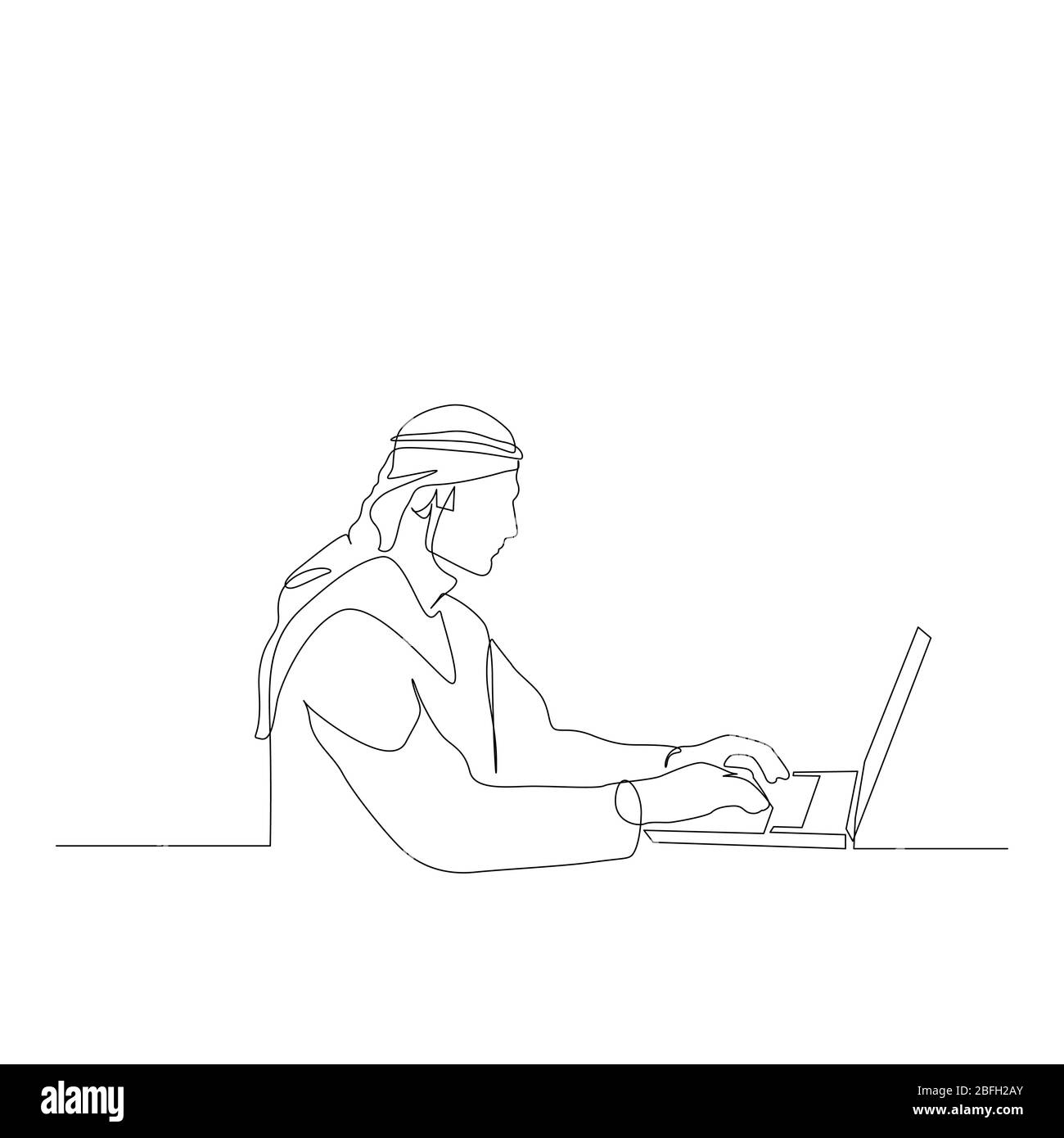 Ein Mann in arabischer Kleidung arbeitet ständig an einem Laptop. Bildungskonzept. Vektorgrafik. Stock Vektor