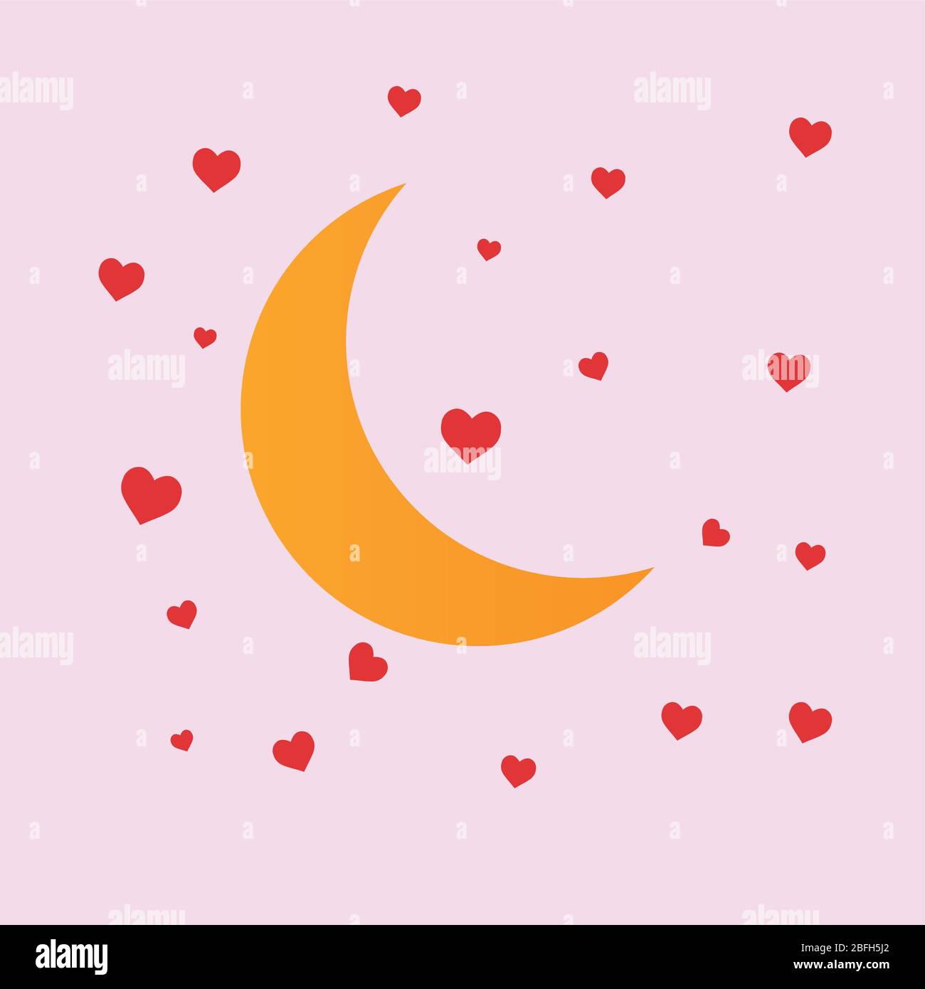 Vektor-Illustration gelb Mond rote Herzen. Stock Vektor