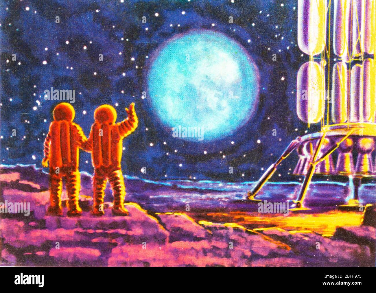 Weltraumforschung, futuristische Kunst von A.Sokolov, aus sowjetischer Postkarte, 1970er Jahre Stockfoto