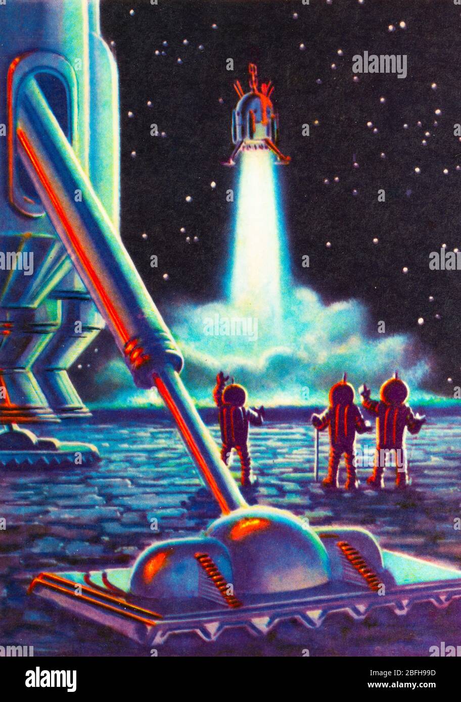Weltraumforschung, futuristische Kunst von A.Sokolov, A.Leonov, aus sowjetischer Postkarte, 1970er Jahre Stockfoto