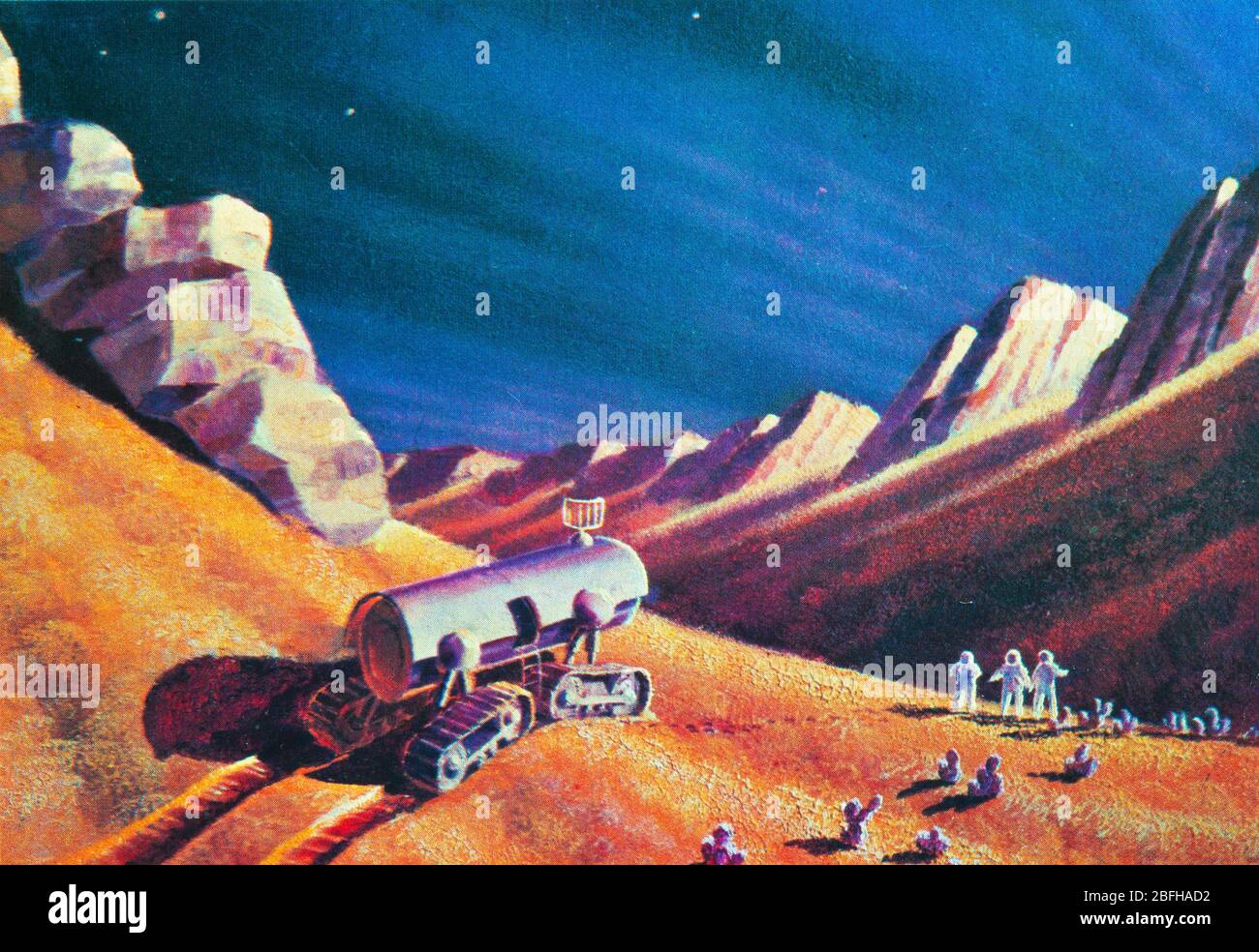 Weltraumforschung, futuristische Kunst von A.Sokolov, A.Leonov, aus sowjetischer Postkarte, 1970er Jahre Stockfoto