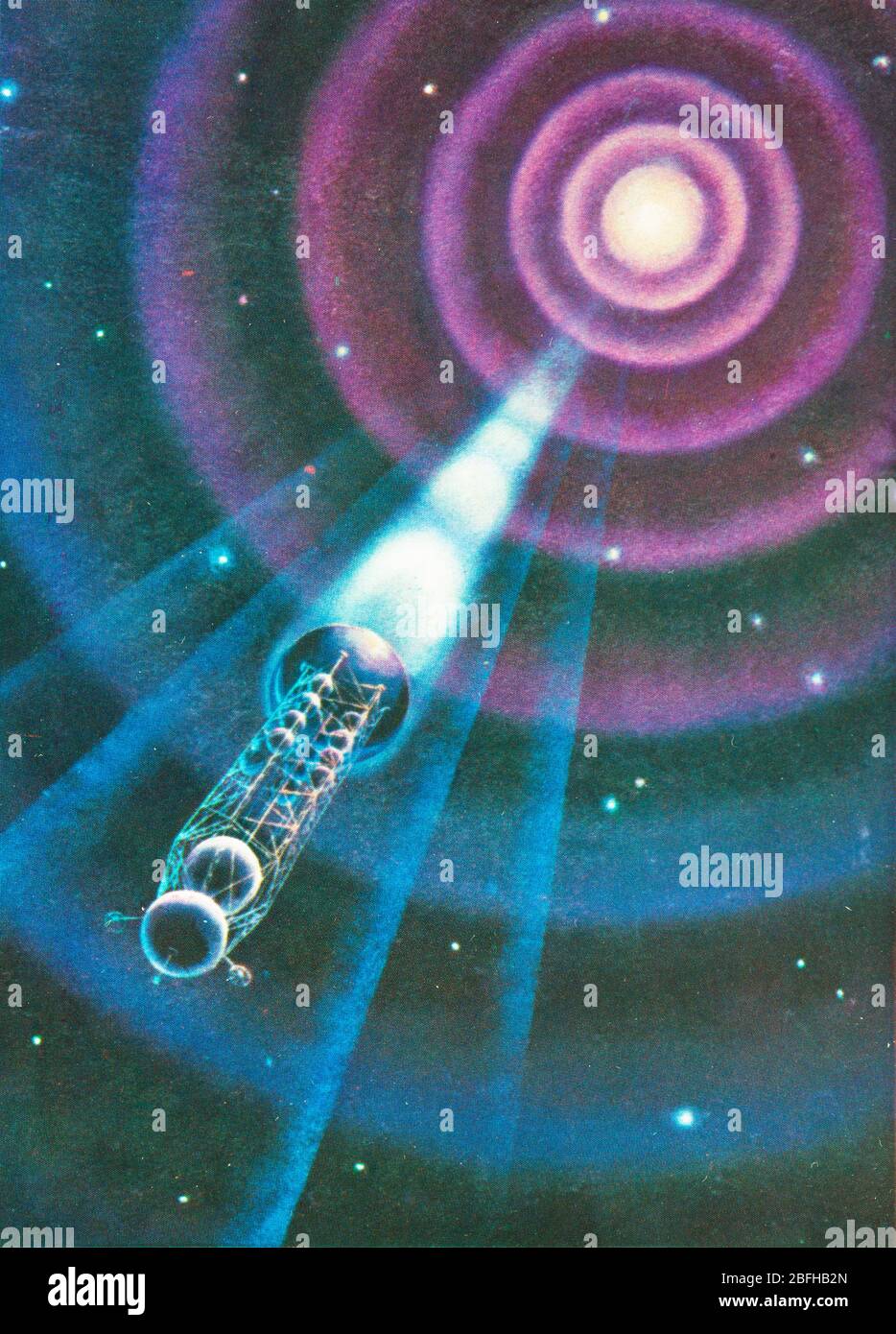 Weltraumforschung, futuristische Kunst von A.Sokolov, aus sowjetischer Postkarte, 1970er Jahre Stockfoto