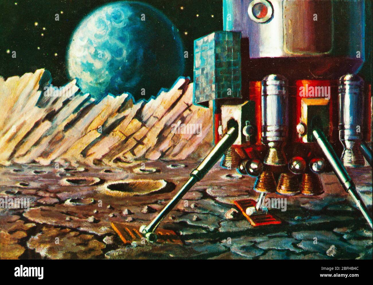 Weltraumforschung, futuristische Kunst von A.Leonov, aus sowjetischer Postkarte, 1970er Jahre Stockfoto